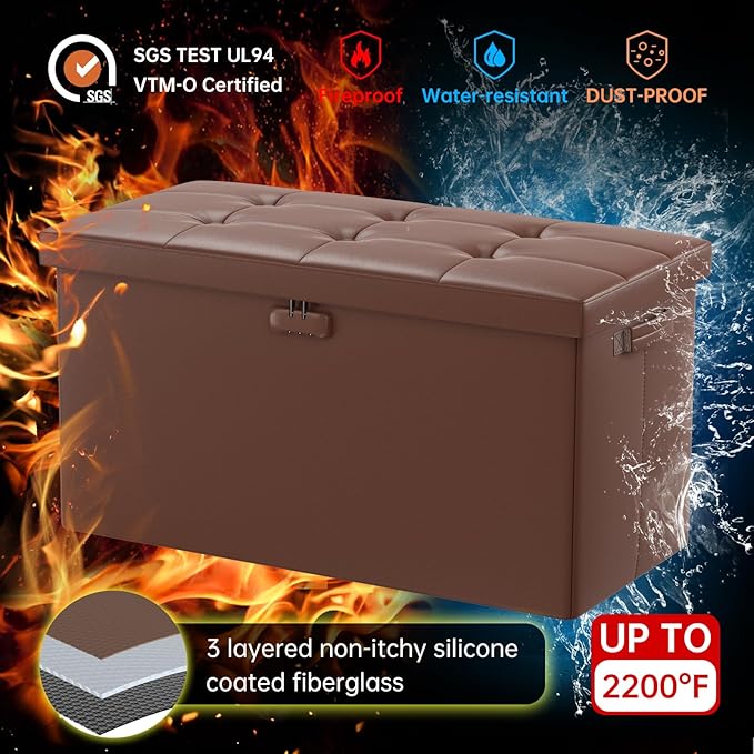 DocSafe Storage Ottoman Bench with Lock,Fireproof 30 Inches Folding Bench Foot Rest Stool Storage Chest Safe for Living Room,Bedroom,Home Office,Waterproof Leather Ottoman with Handles,Brown