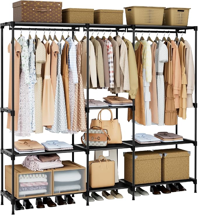 CASAMAYA Clothes Rack, Portable Closet, 71.7 Inch Large Capacity Wardrobe Closet, Clothes Storage Organizer with Shelves and 3 Hanging Rods, Easy to Assembly, Black PCT035B01