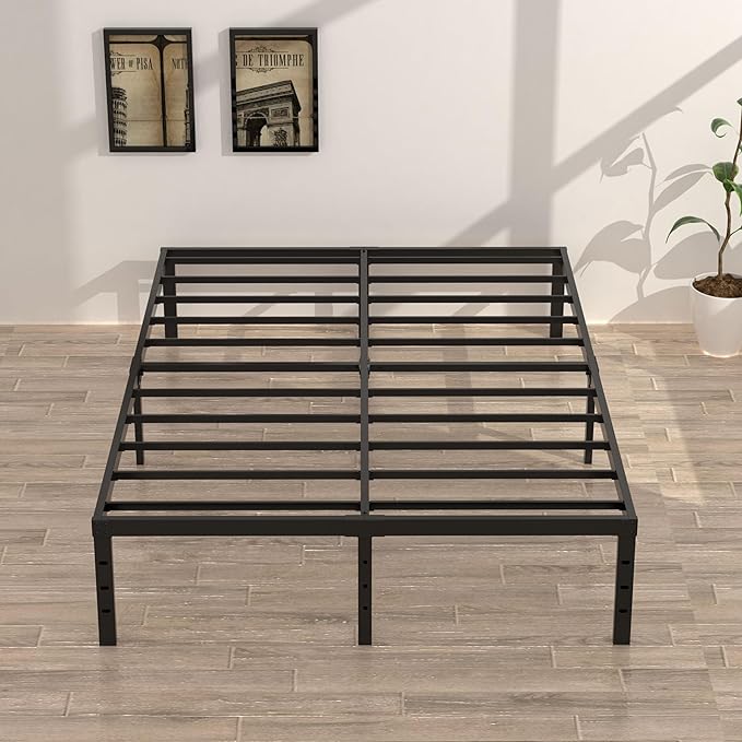 Upcanso 18 Inch Queen Bed Frame No Box Spring Required, Metal Platform Queen Size Bed Frames with High Storage, Eassy Assembly 3,500 Lbs Heavy Duty Bedframes, Black