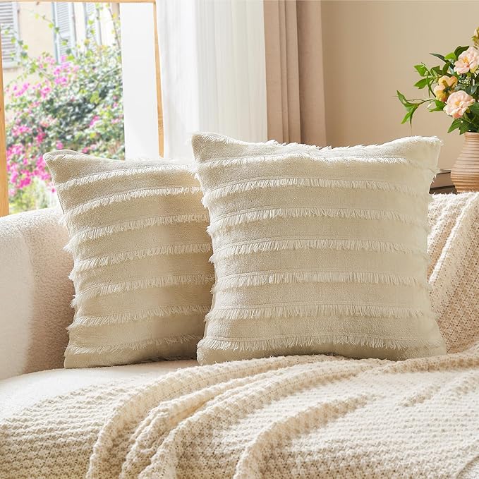 BEDELITE Velvet Pillow Covers 18x18 with Zipper, 2 Pack Super Soft Square Pillow Covers for Bedroom, Sofa, Luxury Cozy Fleece Pillowcases for All Seasons(18x18 Inches, Beige-Boho)