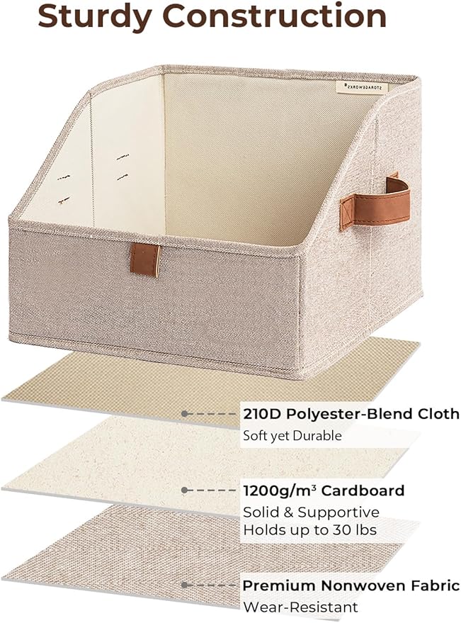 StorageWorks Closet Storage Bins, Trapezoid Organizer Box for Shelves, Fabric Clothes Bin, Foldable Organizing Baskets with Handles, Small, Brown and Beige, 3-Pack