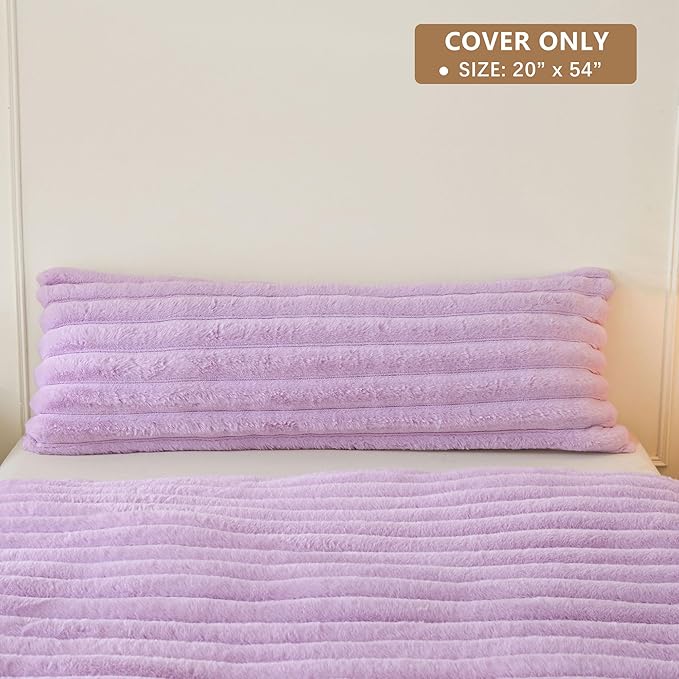 MEGO Fluffy Faux Rabbit Fur Body Pillow Cover 20x54, Comfy Plush Fuzzy Striped Bedroom Bed Pillowcase, Light Purple Shaggy Ribbed Long Bolster Pillow Cover with Zipper for Kids Girls Adults, Lavender