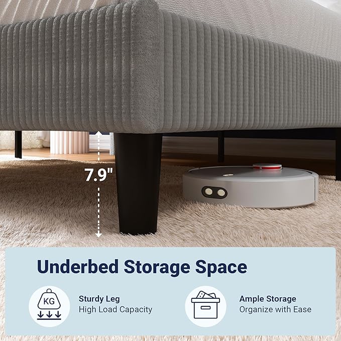Allewie Full Size Bed Frame with Upholstered Wingback Headboard, Vertical Channel Tufted Corduroy Velvet Platform Bed, Strong Wooden Slats Support, No Box Spring Needed, Easy Assembly, Light Grey