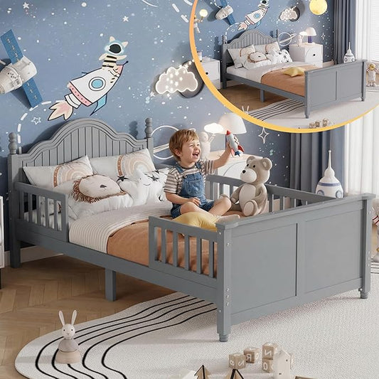 Twin Bed Frames for Kids with Rails,Wood Low Platform Beds with Headboard and Footboard,Montessori Bed Twin with Under Bed Storage for Boys Girls, No Box Spring Needed, Grey