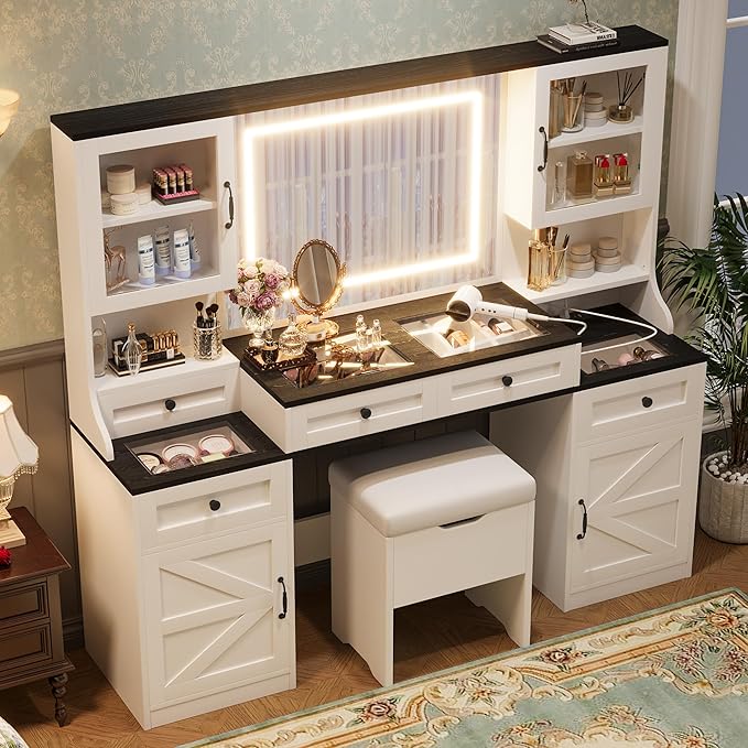Farmhouse Vanity Desk with Mirror, 61.5" Makeup Vanity Table Set with Glass Visual Desktop and Cushion Stool, Dressing Table with 5 Drawers and 4 Cabinets for Bedroom