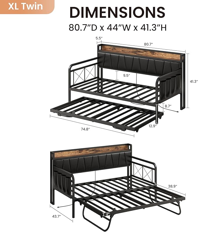 LIKIMIO Twin XL Daybed, Day Bed with Trundle, Storage Upholstered Headboard and Charging Station, Trundle Bed with Strong Supports for Living Room, Bedroom, and Guest Room, Black