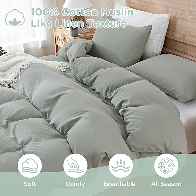 TOCOMOA Muslin Duvet Cover 100% Cotton Like Linen Texture Breathable Soft Comfy 3-Piece Sage Green Comforter Cover Bedding Set (Queen 90"x90", Comforter Not Included)