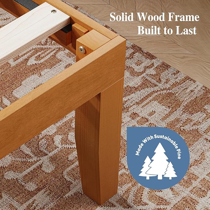 DUMOS Queen Solid Bed Frame Wood 16 Inches, Sturdy Platform Bed with Heavy Duty Wood Slat Support, No Box Spring Needed, Easy Assembly, Natural Pine