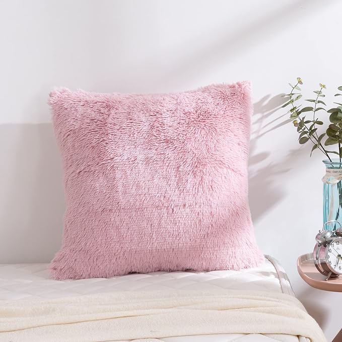 Reafort Luxury Long Hair, PV Fur, Faux Fur Euro Sham Pillow Cover/Case 26"x26" with Zipper Closure (26"x26" Euro Sham, Pink)