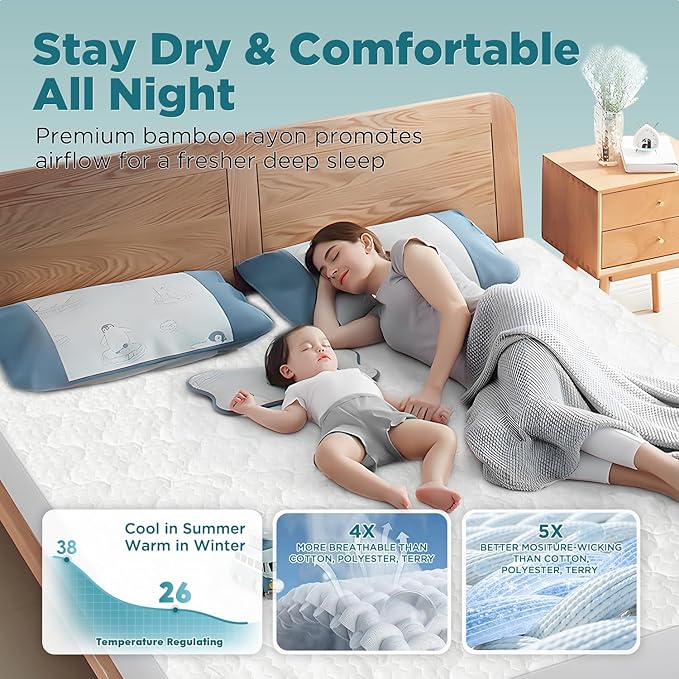 5 Sided Waterproof Mattress Protector, Queen Size Quilted Bamboo Rayon Mattress Cover, Breathable Cooling Noiseless Bed Fitted Sheets, Soft Bedding Pad with Deep Pocket Up to 18"
