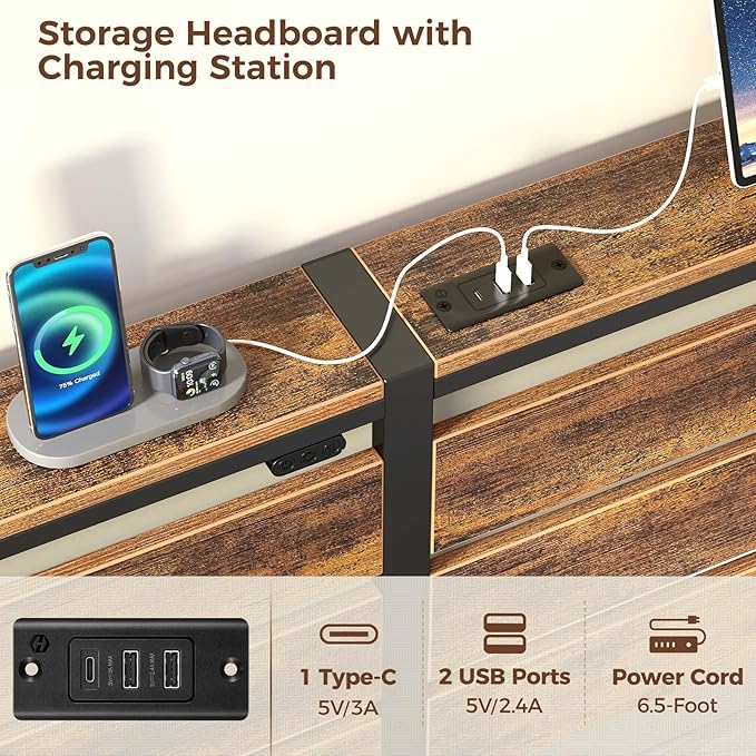 Rolanstar Bed Frame Queen Size with USB Charging Station, LED Bed Frame with Wood Storage Headboard, Rustic Brown Metal Platform Bed with Under Bed Storage, No Box Spring Needed, Noise Free