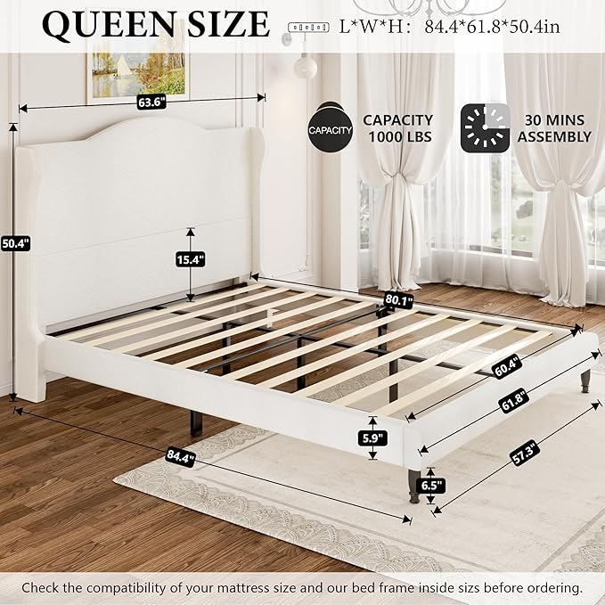 Upholstered Bed Frame with Tall Headboard, Leather Queen Platform Bed Frame with Wingback Sides, Wood Slats Support, Noise-Free Design, No Box Spring Needed, Easy Assembly, White