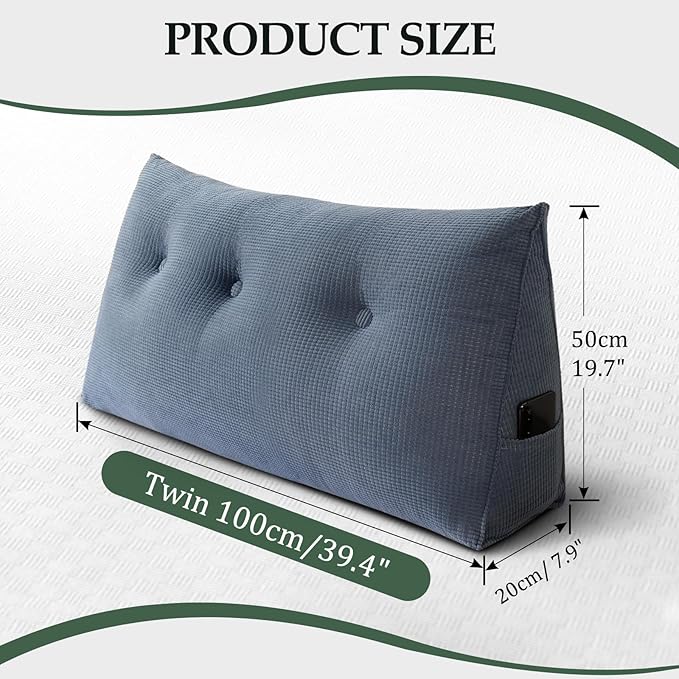 Huatean Home Soft Headboard Pillow Twin Size, Wall Backrest Wedge Pillow Headboard Twin XL, Reading Backboard Pillows, Large Dorm Daybed Bolster Pillows for Back Support with Removable Cover, Blue