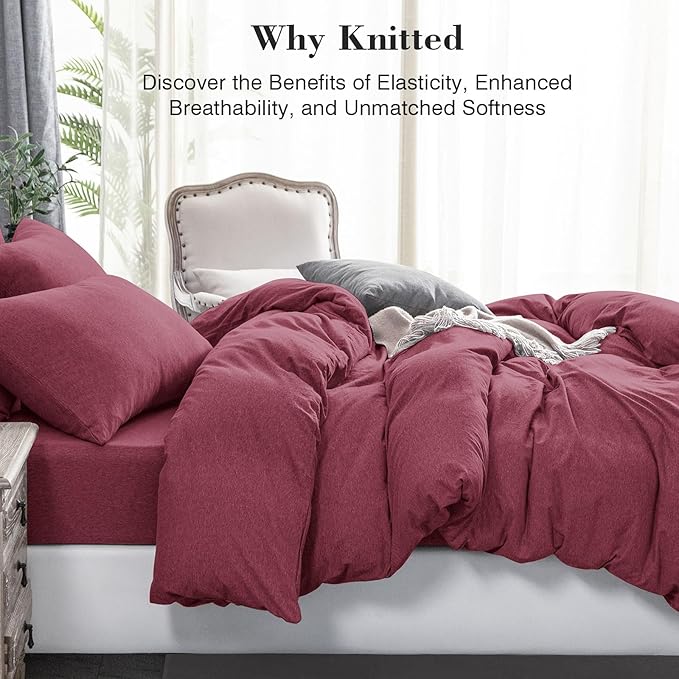 PURE ERA Jersey Knit Duvet Cover Set 100% T-Shirt Cotton Super Soft Comfy 3pc Bedding Set with Zipper Closure (Heather Burgundy Red, Queen)