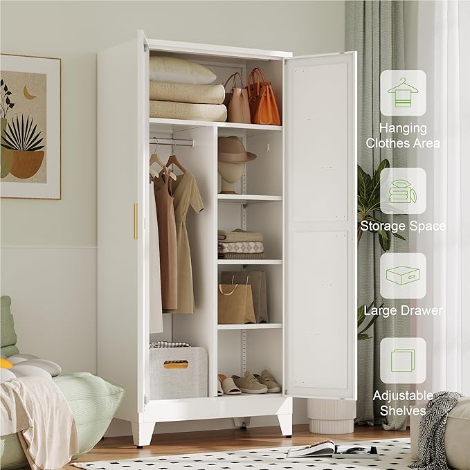 Baborokic Metal Wardrobe Cabinet with Hanging Rod,Large 71" Armoire Wardrobe Closet with Adjustable Shelves and Doors,Farmhouse Metal Office Cabinets for Bedroom,Office,Employee(White)