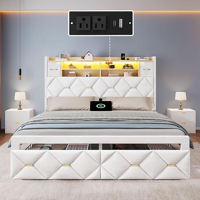 YITAHOME Queen Size Bed Frame with 2 Storage Drawers and Storage Headboard, Upholstered Platform with Charging Station and LED Light, No Box Spring Needed, Noise Free, Easy Assembly, Velvet White