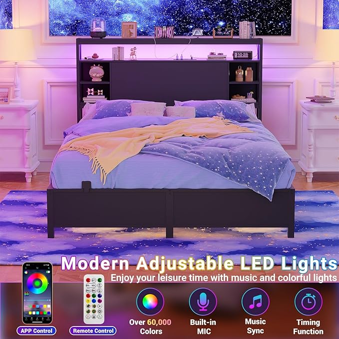 Unikito Full Size Headboard with Storage, Headboard with Outlets and RGB LED Light, Sturdy Head Boards for Full Size Bed, Stable Head Board Only for Bedroom, Dorm Room, Guest Room, Black