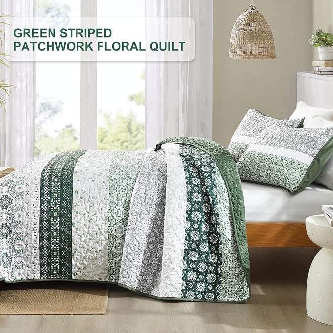 WONGS BEDDING Green Quilt Set King Size,Boho Striped Patchwork Bedspread Coverlet Set,3 Pieces Microfiber Bedding Set for All Seasons (104"×90")