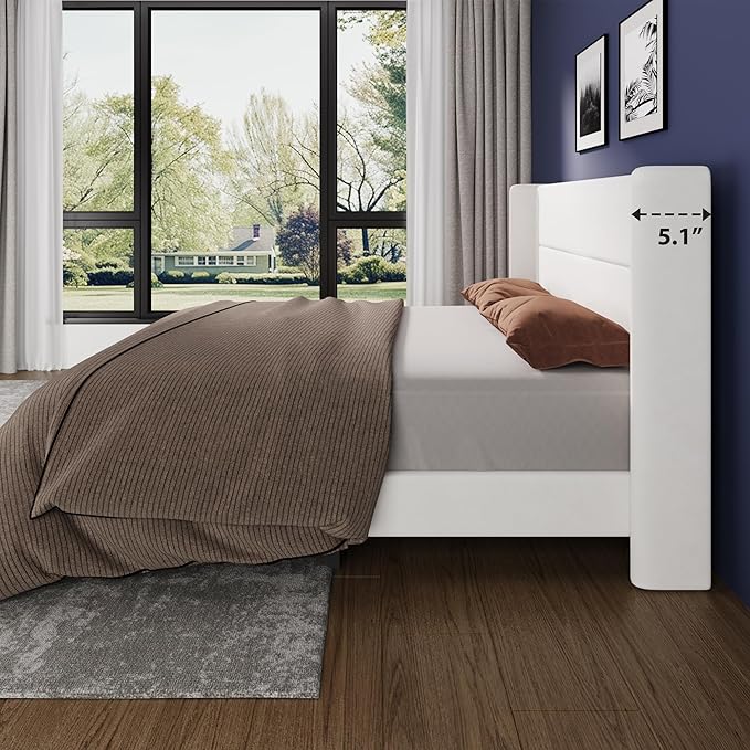 Garvee King Size Bed Frame with Wingback Headboard, Velvet Upholstered Platform Bedframe with Wood Slats, No Box Spring Needed, Easy Assembly, White