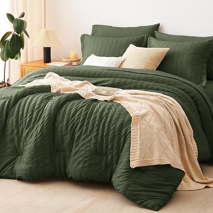 CozyLux Twin XL Comforter Set with Sheets Seersucker Olive Green 5 Pieces Bed in a Bag, Twin Extra Long Luxury Soft Bedding Sets College Dorm with Down Alternative Comforter, Sheets, Pillowcase & Sham