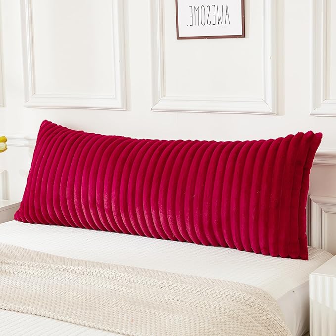 JAUXIO Faux Fur Fluffy Body Pillow Cover Luxury Textured Vertical Stripe Plush Decorative Body Pillowcase, Ultra Soft and Cozy Zipper Closure 21 x 54 Inches, Burgundy