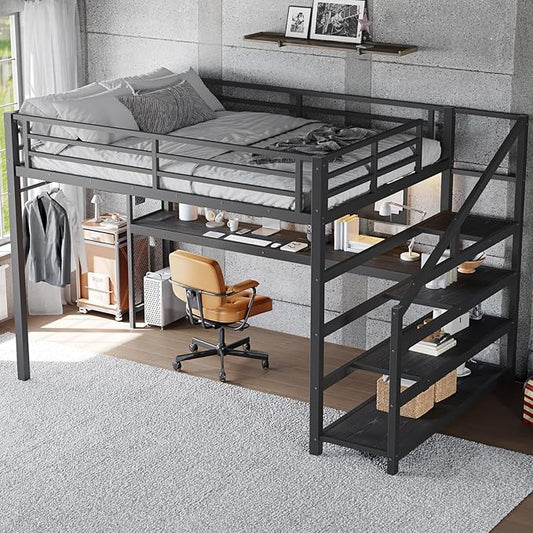 Queen Size Loft Bed with Desk and Storage Stairs,Metal Heavy Duty Loft Bed Queen Size with LED Light, Charging Station, LoftBed Frames for Teens, Adults, No Box Spring Needed