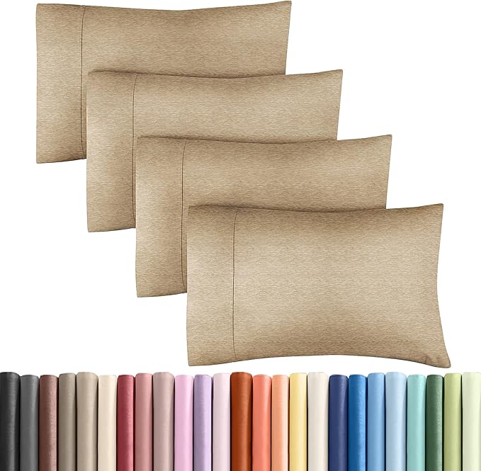 King Pillow Cases Set of 4 - Ultra Soft Hotel Quality Pillowcase Covers - Comfy, Cozy & Wrinkle Free - Shrinkage and Fade Resistant - Machine Washable Pillow Protectors - 4 Piece Set - Heathered Tan
