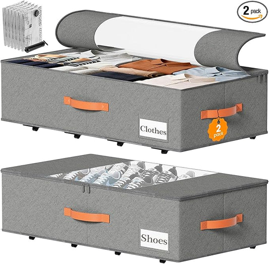 TOSKING 2-Pack Under Bed Storage Drawers with Wheels, 6 Vacuum Bags, 7.9" Height, Large 65L/80 lbs Clear Lid Rolling Bin, 900D Oxford, Space Saver for Dorm Bedroom, Blankets, Clothes, Shoes, Gray