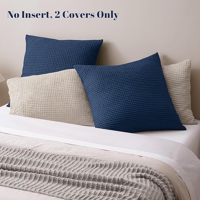 PHF Ultra Soft Waffle Weave Euro Shams Pillow Covers, No Filling, 2 Pack 26" x 26" Bed Cushion Covers, Breathable & Skin-Friendly Bed Pillow Shams for Stylish Home Decor, Navy Blue/Dark Blue