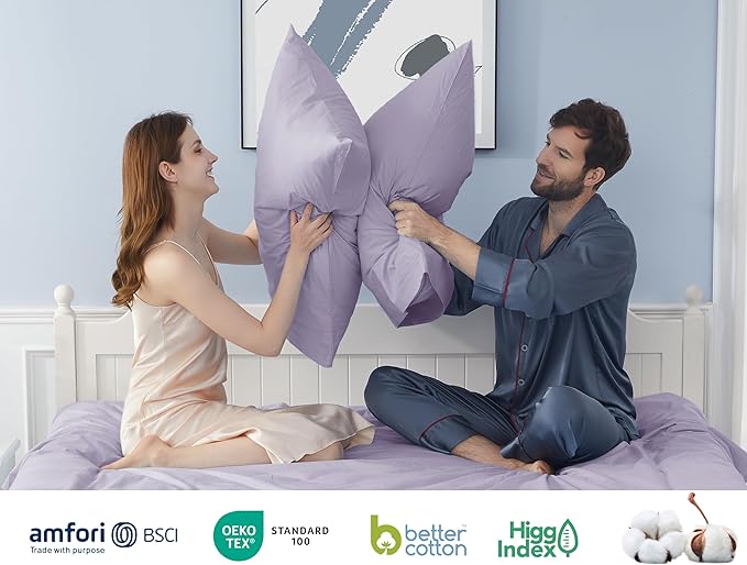 Pillow Cases, Standard Queen Size Cotton Percale Weave Pillowcases, Pre-Shrunk Breathable and Hypoallergenic Pillowcases, Set of 2 (2 Piece Standard/Queen 20 Inch x 30 Inch, Light Purple)