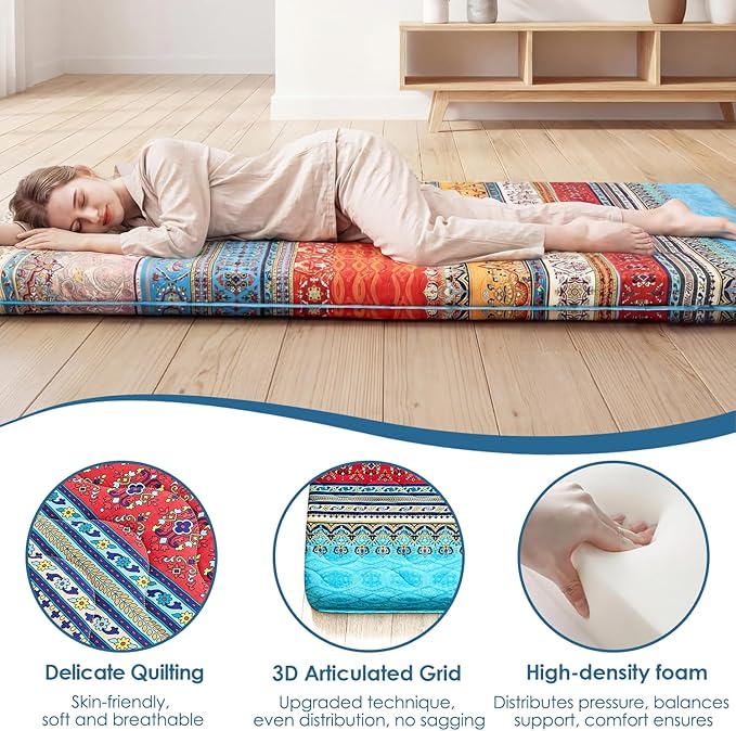 SCHNAUZER HOME Bohemian Japanese Floor Mattress, 3.5" Thicken Boho Floral Pattern Portable Futon Mattress, 100% High-Density Foam Tatami Mat Sleeping Pad for Camping Guest Room Dormitory RV, Twin