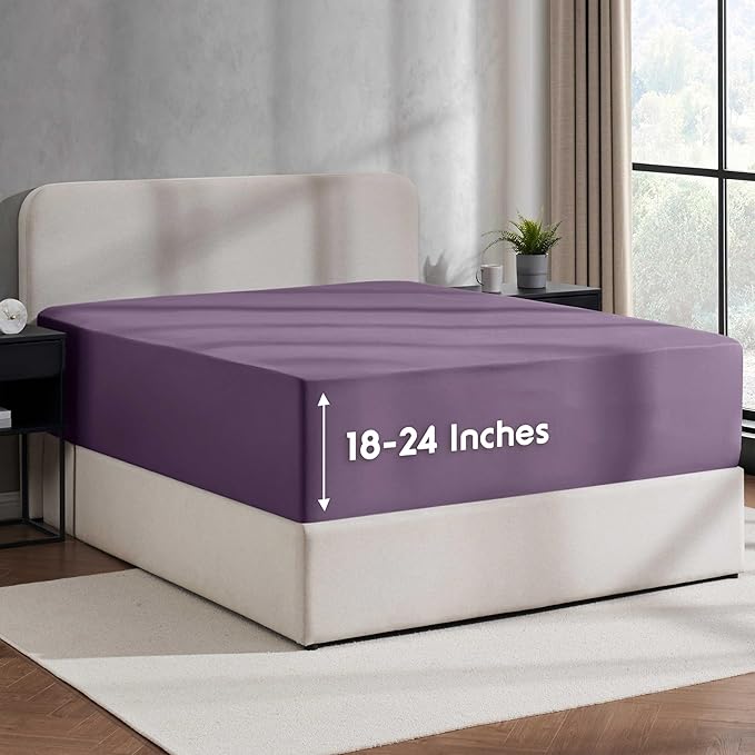 Nestl 4 Pack Purple Fitted Sheet Extra Deep Pocket, Hotel Luxury Twin XLFitted Sheet Only Easily Fits 18 to 24 Inch Mattress, Super Soft, Wrinkle-Free and Breathable with Corner Straps
