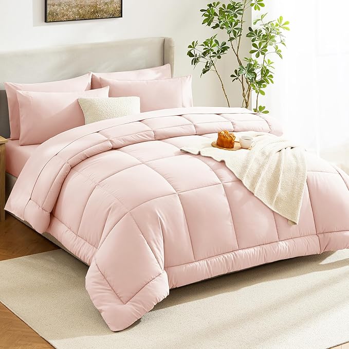 CozyLux Oversized King Comforter Sets Blush Pink, 7 Pieces Bed in a Bag, Ultra-Soft All Season Bedding Sets with Stitch Quilted Comforter, Flat Sheet, Fitted Sheet, Pillowcases
