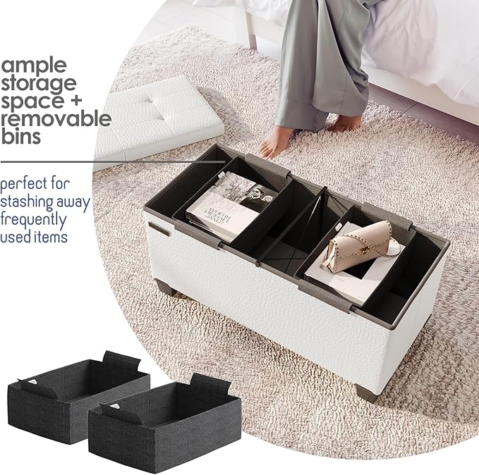 Storage Ottoman Bench with Bins, 30-in Storage Bench for Bedroom End of Bed, Folding Foot Rest Ottoman for Living Room Max 660lbs, Faux Leather Ottomans, Cream