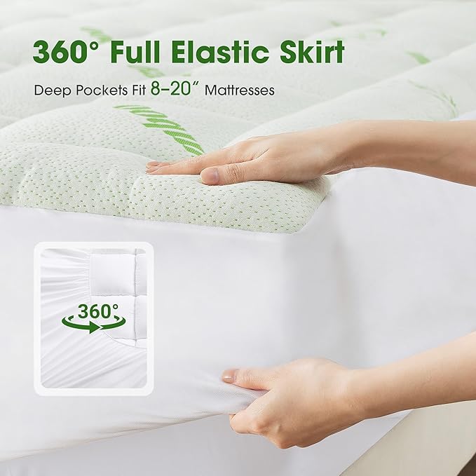 Mattress Pad Queen Size, Cooling Pillow Top Mattress Topper, Ultra Soft Viscose Made from Bamboo, Breathable for Hot Sleepers, Deep Pocket 8"-20", Green