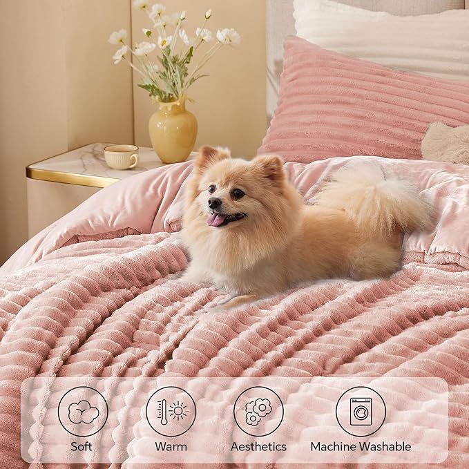 BEDELITE Fleece Oversized Queen Comforter Set -Super Soft & Warm Fluffy Dusty Pink Bedding, Luxury Fuzzy Heavy Bed Set for Winter with 2 Pillow Cases