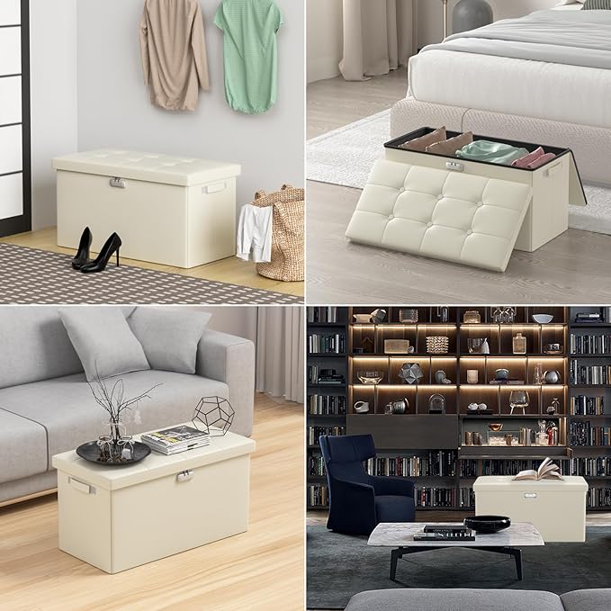 DocSafe Storage Ottoman Bench with Lock,Fireproof 30 Inches Folding Bench Foot Rest Stool Storage Chest Safe for Living Room,Bedroom,Home Office,Waterproof Leather Ottoman with Handles,Beige