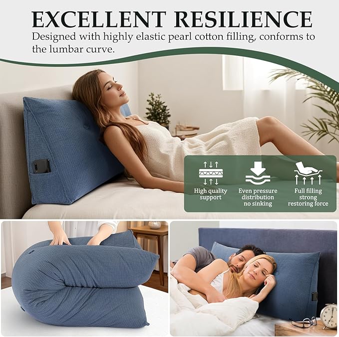 Huatean Home Soft Headboard Pillow Twin Size, Wall Backrest Wedge Pillow Headboard Twin XL, Reading Backboard Pillows, Large Dorm Daybed Bolster Pillows for Back Support with Removable Cover, Blue