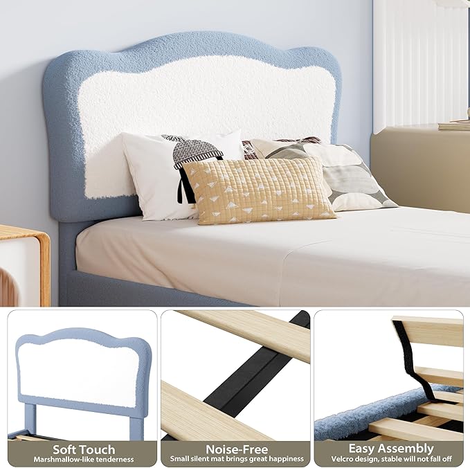 GarveeHome Full Bed Frames for Kids with Soft headboard, Velvet Low Bed Frame for Girls, Boys, No Box Spring Needed, Wooden Slats, Noise Free, Sturdy, Easy Assembly, Blue White