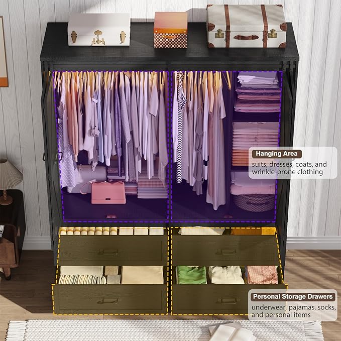 Farmhouse 4 Doors Armoire Wardrobe Closet w/Folding Sliding Barn Door and Lights, LED Armoire Closet w/Drawers for Bedroom, Freestanding Wooden Wardrobe Storage Closets w/Hanging Rod,Rustic Black