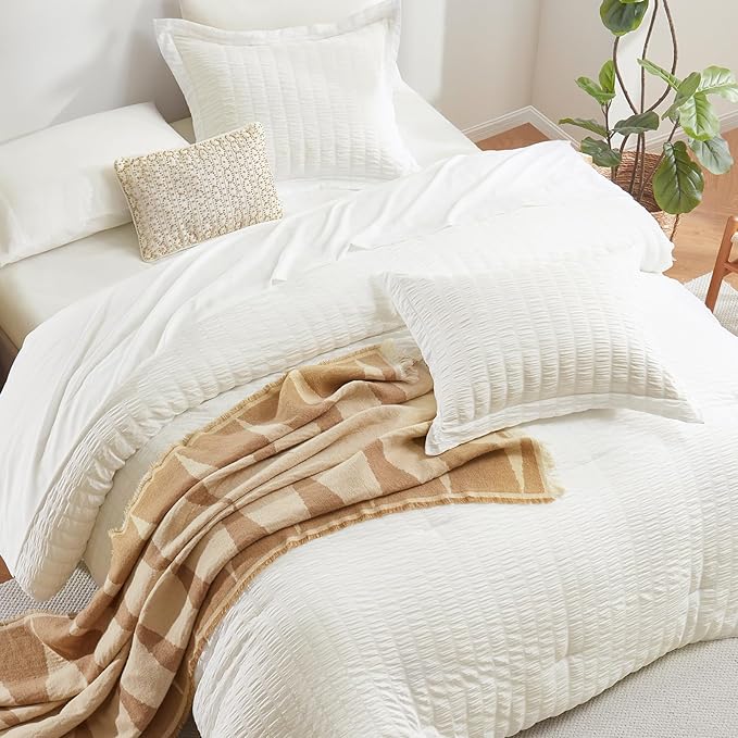 CozyLux Queen Comforter Set Ivory Seersucker 7 Pieces Bed in a Bag Queen Comforter Set with Sheets, Luxury Soft Bedding Sets with Down Alternative Comforter, Sheets, Pillowcases & Shams for All Season