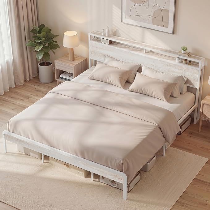 LIKIMIO King Bed Frame with Headboard, Wood Camas King with Strong Supports, Sturdy, Noise-Free, No Box Spring Needed, White Maple