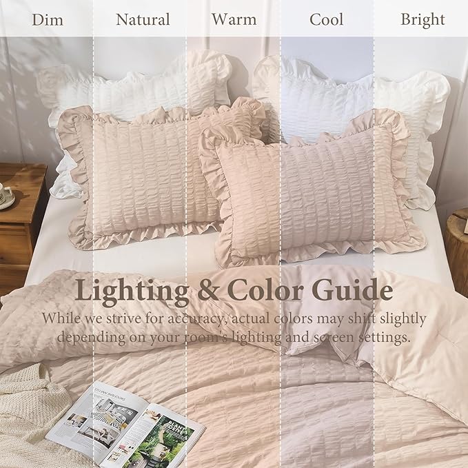 JOLLYVOGUE Beige King Comforter Set, 3 Pieces Seersucker Comforters King Size, Lightweight & Fluffy Bedding Sets for All Season with 1 Ruffle Comforter and 2 Ruffle Pillowshams