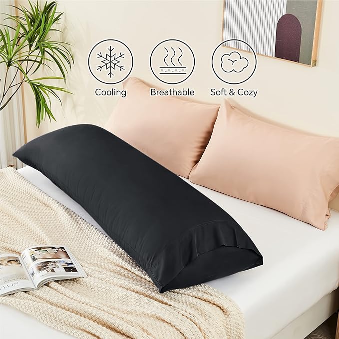 BEDELITE Body Pillow Cover, Rayon Made from Bamboo, Cooling Body Pillow Pillowcase for Hot Sleepers and Night Sweats, Breathable & Silky Soft Full Long Pillow Case Cover (Black, 20x54 Inches)