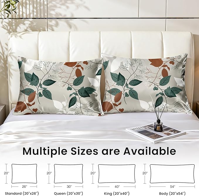 EXQ Home Satin Pillowcase for Hair and Skin King - Printed Green Leaves Silk Pillowcase 2 Pack 20x40 inches - Satin Pillow Cases Set of 2 with Envelope Closure, Gifts for Women Men