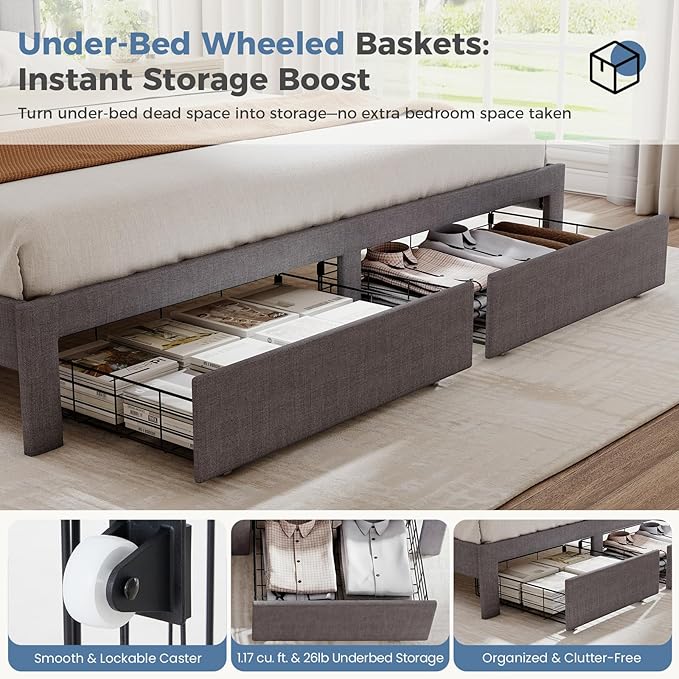 DUMOS King Size Upholstered Platform Bed Frame, King Bed with Storage Drawers and Fabric Headboard, Wooden Slats Support, 1323 lbs Weight Capacity, No Box Spring Needed, Easy Assembly, Gray