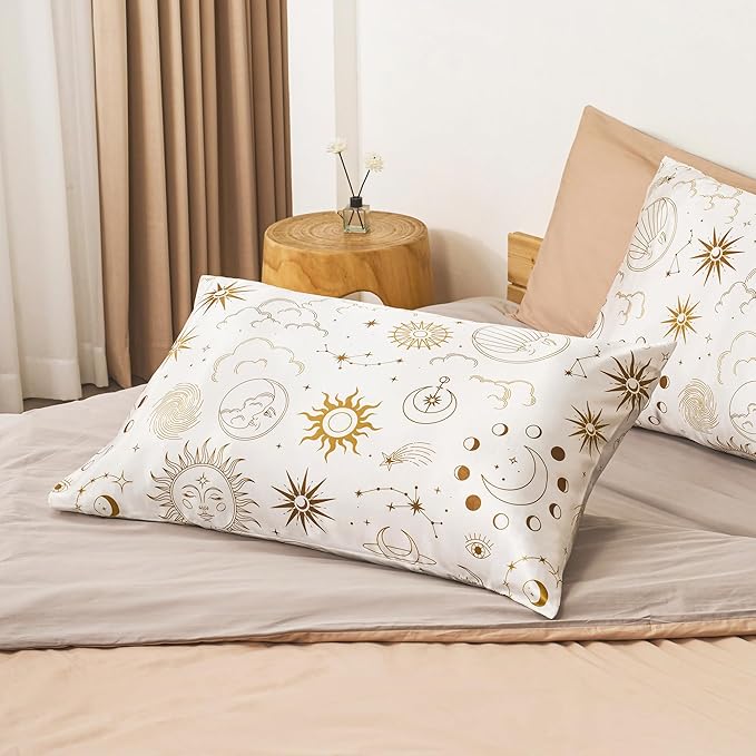 EXQ Home Silky Satin Pillowcase for Hair and Skin,Printed Pillow Cases Standard Size Set of 2 Pink Satin Pillow Case 2 Pack with Envelope Closure（ White Moon，20"x26"）