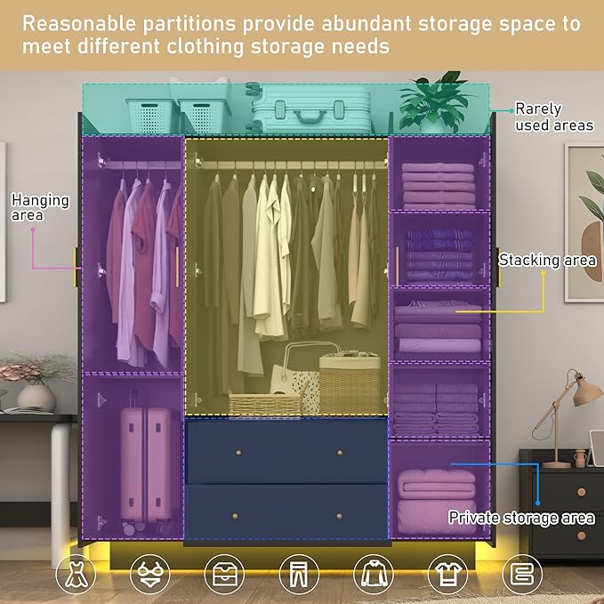 jiteentarou 4 Door Wardrobe Closet with Mirrors and LED Lights, Bedroom Armoire with Drawers and Shelves, Modern Wooden Armoire Wardrobe Closet with Hanging Rod for Bedroom, Black