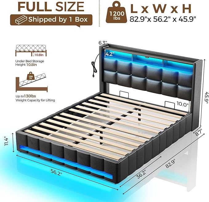 Rolanstar Bed Frame Full Size with Lift Up Storage, Charging Station & LED Lights, Upholstered Storage Headboard, Heavy Duty Wooden Slats, No Box Spring Needed, Noise Free, Easy Assembly, Black