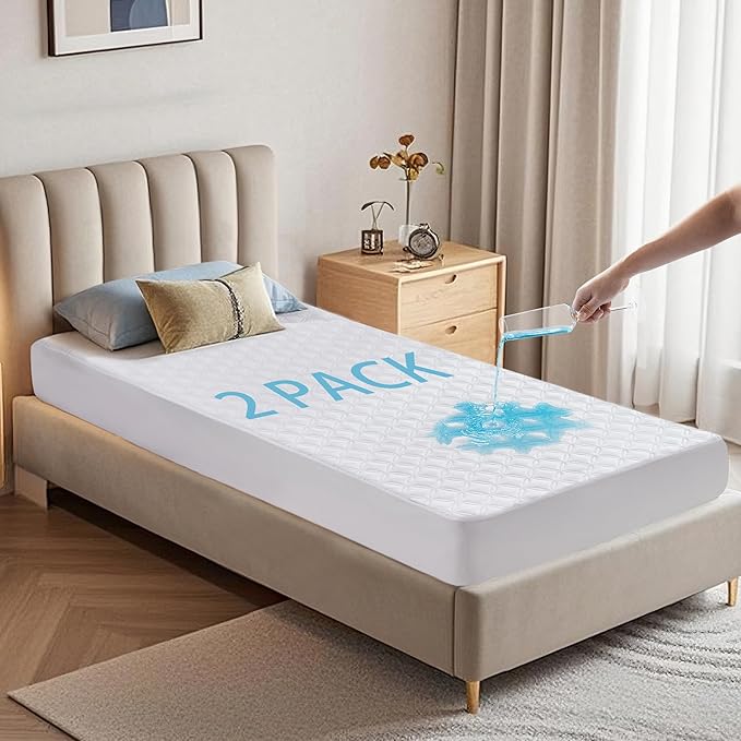 BEDLORE 2 Pack Waterproof Mattress Protector, Twin XL Size Mattress Pad with Deep Pocket Fitted Up to 6-15 inches, Soft Noiseless Single Bed Mattress Cover for Bedroom (White)